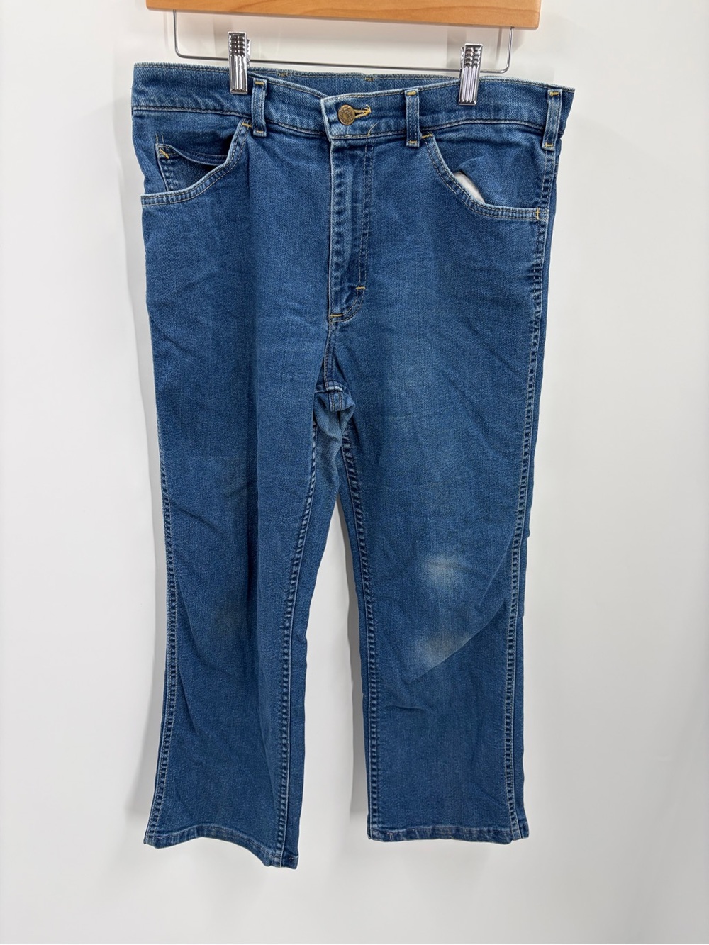 Vintage 80s Lee 202 Bootcut Jeans USA Made Union Tag Stretch Denim Blue 33x24